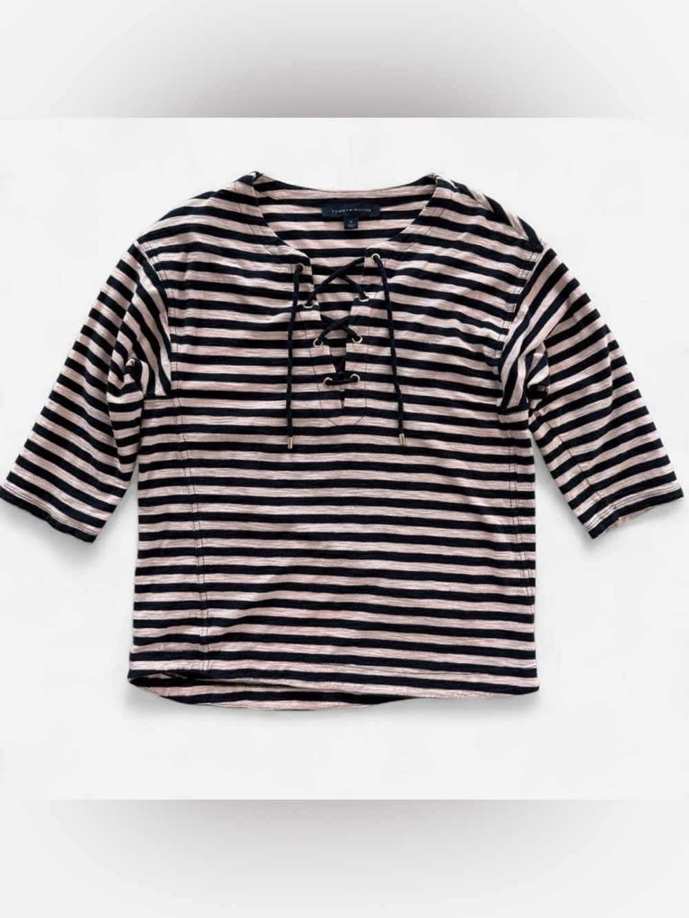 Striped Lace-Up Top in navy and Light Pink